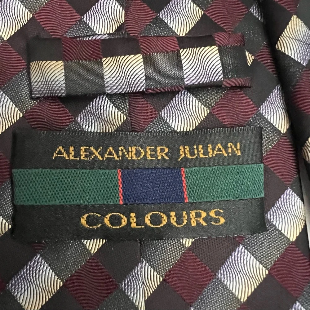 Alexander Julian Handmade Men’s Designer Tie‎ Burgundy Gray Checkered Necktie